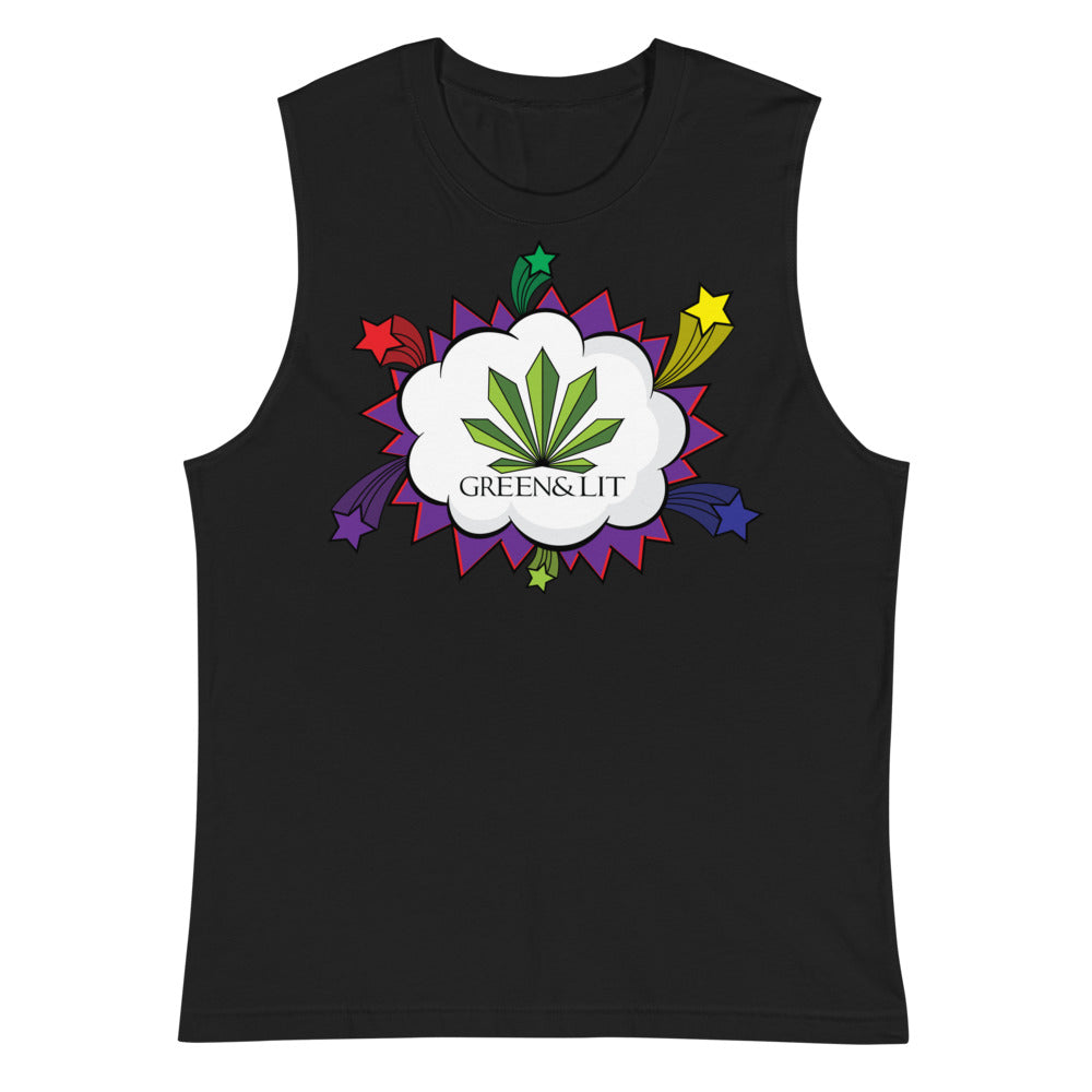 Green & Lit Comic Cloud and Stars Tank Top for Men/Women