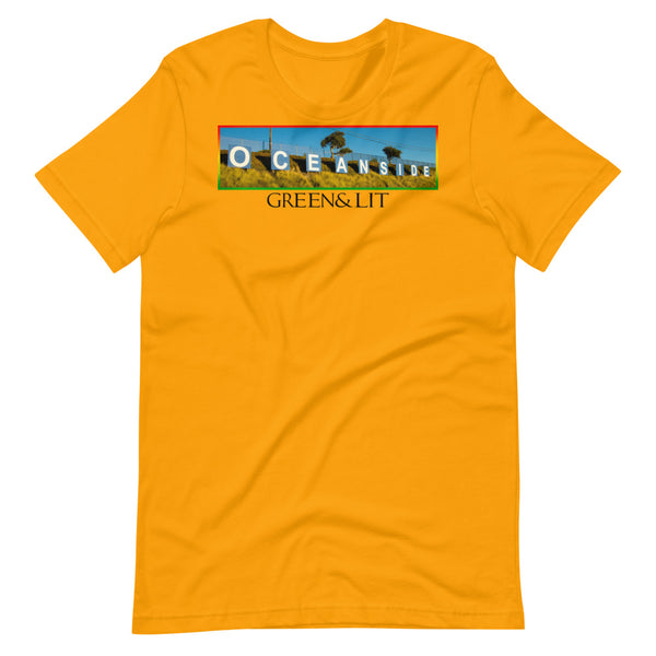 Golden Yellow, Green & Lit, Rasta Oceanside Sign Short-Sleeve T-Shirt For Men/Women 