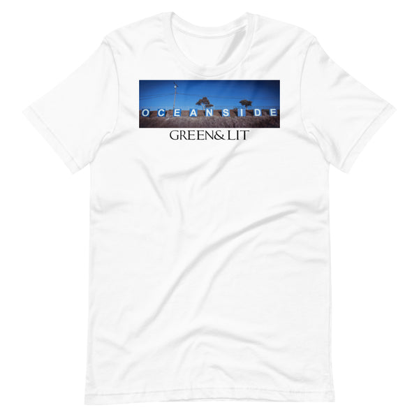 White, Green & Lit, Oceanside Sign T-Shirt for Men/Women