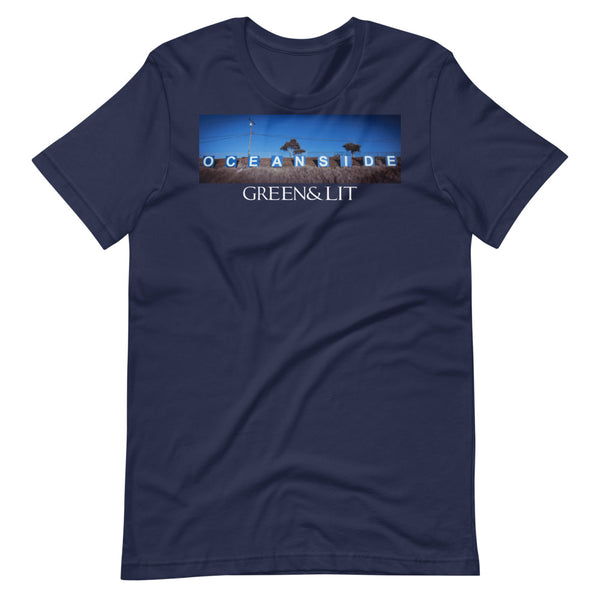 Navy Blue, Green & Lit, Oceanside Sign T-Shirt for Men/Women